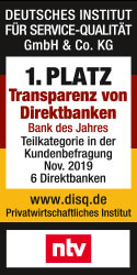 Auszeichnung Transparenz von Direktbanken - 1822direkt